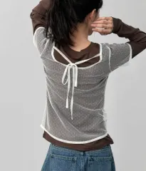 (新品) ドット シースルー レイヤード Tシャツ