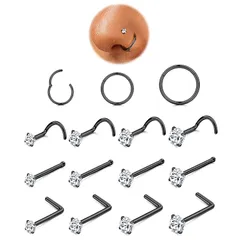 【新品】 [Jstyle] 15点 鼻 ピアス セット 20G 18G ボディピアス 人気 ジルコン ステンレス プラチナ ゴールド ノーズピアス リング アレルギー対応 女性 男性 日常 誕生日 プレゼント ユニセックス 鼻ピ