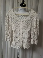 クロシェ 編み物 カーディガン (ベージュ) ピンク)