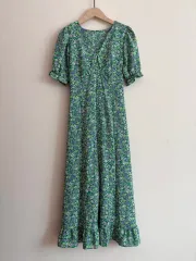 緑 花柄 ロング丈ワンピース