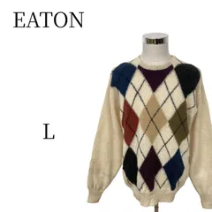EATON 高級 ピュアバージンウール アーガイル ニット セーター L ベージュ マルチカラー80s 90s 毛100% 厚手 モックネック ゆるだぼ レトロ モーリシャス製 希少 オールド 古着 メンズ