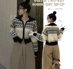 エイブリー ノルディック ツーウェイ カラ ニットジップアップ クロップドカーディガン