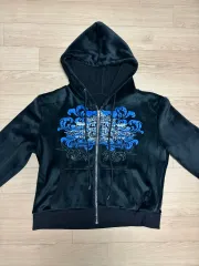 Y2K ツアーベルベット 起毛 WHO ジップアップ ブラック フードジップアップ