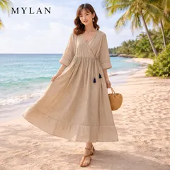 MYLAN マイラン コットンシルク カシュクール クリンクルラップドレス ワンピース ベージュ ライトベージュ 薄手 S M 定価4.6万 リゾート タッセル リボン