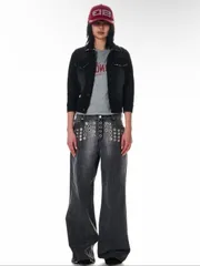 BEEDEN デニムパンツ XS グレー フルレングス 無地 ワイド・ルーズ ストレート ハイウエスト ヴィンテージ