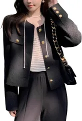 toasoa ツイード ジャケット レディース ノーカラー フォーマル 長袖 ショート丈 セレモニー 上品 きれいめ カジュアル 韓国 オフィス スーツ ツィード 裏地なし 卒業式 入学式 短め 金ボタン (ブラック,  XL)