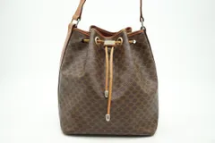セリーヌ ヴィンテージ マカダム バケツ ショルダーバッグ 巾着 ロゴプレート PVCレザー 茶 ブラウン CELINE 5858h