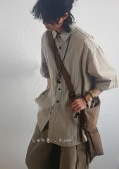 (海外配送)ベージュ/ブラック レトロスタイル メンズ 半袖シャツ