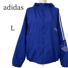 アディダス ナイロンジャケット L ブルー 90s 刺繍ロゴ 3本ライン フード付 ジャンパー ブルゾン ゆるだぼ ストリート スポーツ