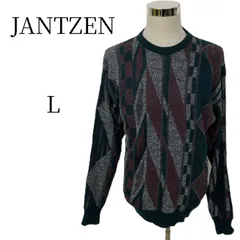 Jantzen 総柄 ニット セーター クルーネック 90s USA製 古着 メンズ Lサイズ 緑 グレー ダイヤ アシンメトリー ゆるだぼ 長袖