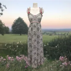 EU ヴィンテージ フリル 小花 レッド POINT マキシ スリップ ONE PIECE