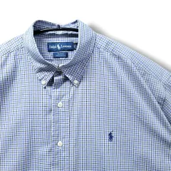L ポロ 青 オーバーサイズ チェック 半袖シャツ