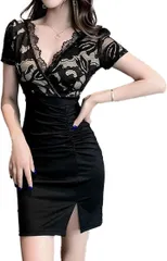 Takusan Shopping キャバドレス ミニドレス ハイウエスト タイト ワンピース キャバ嬢 刺繍 セクシー パーティー 透け感 エレガント アイラッシュレース レディース (ブラック,  XL)