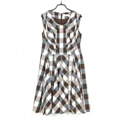 SJSJ レディース チェックカラー 夏 ノースリーブ フレアワンピース 茶色 ( HU39729 )