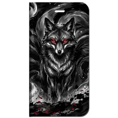 iPhone対応 スマホ 手帳型ケース 墨絵 九尾の狐 彼岸花 和モダン 漆黒 妖怪 和風 水墨画 スマホケース スタンド Sumi-e Silhouette Art 【iPhone17 / iPhone16 他 iPhone各機種対応】 |iajpfx02