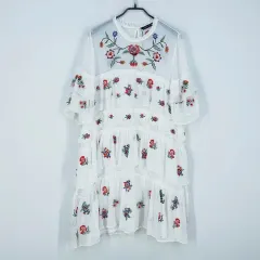 ZARA(ザラ) レディース 花刺繍 シフォンシースルー ミニワンピース ライトアイボリー ( HU39754 )