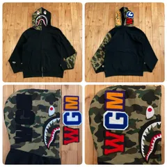 1st camo green × ブラック 袖切り替え シャーク パーカー Lサイズ shark full zip hoodie a bathing ape BAPE エイプ ベイプ NIGO wi474
