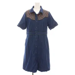 マリークワント MARY QUANT デニム シャツワンピース ひざ丈 花柄 切替 半袖 M ネイビー 268-401106-120-3 /YM