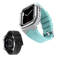 【新品】 コンパチブル Apple Watch バンド 44mm 45mm 2本セット 頑丈な金属製の保護ケース付きシリコン時計ベルトと交換用帆布ストラップセット コンパチブル iWatchバンド Series 9/8/7/SE2/SE/6/5/4に対応（ 1