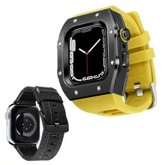 【新品】 コンパチブル Apple Watch バンド 44mm 2本セット 頑丈なメタルの保護バンパーケース付きシリコン時計ベルトと交換用帆布ストラップセット コンパチブルiWatch Series SE2/SE/6/5/4に対応（黄色いバンド-黒いケー 1