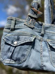 デニムリメイクショルダーバッグ 横長本革角底bag-0027