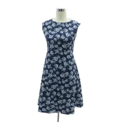 ハナエモリ HANAE MORI ALMA en ROSE ワンピース 花柄 ノースリーブ ひざ丈38 M ネイビー 紺色 グレー ラウンドネック /HO58 ■GY61
