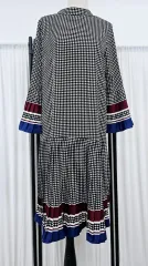 プリント プリーツワンピース トランペットスリーブ ルーズフィット ロング丈ワンピース