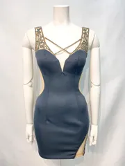 2481 AR Angel R エンジェルアール　キャバクラ　ドレス　伸縮性　シースルー　ストーン　ビジュー　キラキラ　クロスデザイン　タイト　ミニ　キャバドレス　S