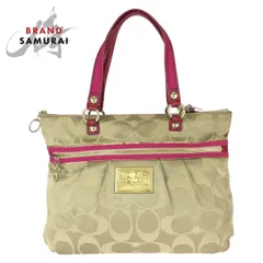 COACH コーチ ポピー シグネチャー ベージュ ピンク ゴールド金具 キャンバス/パテントレザー 15316 トートバッグ ショルダーバッグ 600814【中古】