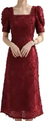 Takusan Shopping ワンピース スクエアネック タイト 膝下 ドレス 半袖 フォーマル エレガント フリンジ ジャガード パーティー マーメイド 結婚式 レディース (レッド,  M)