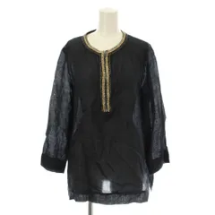 自由区 オンワード樫山 シャツ ブラウス カットソー 麻 リネン 40 紺 ネイビー ノーカラー ビーズ装飾 七分袖 /LP ■GY58