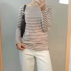 ( S ) ユニクロ レディース ボートネック ストライプ 長袖 Tシャツ H6M2578