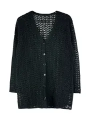 L JPN Vネック フィッシュネットカーディガン 黒