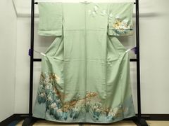 訪問着 単衣仕立て 正絹綸子 薄緑地に金箔の扇柄に吉祥花の友禅絵羽 