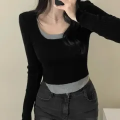 スクエアネック 黒 長袖 ニット