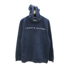 トミーヒルフィガー TOMMY HILFIGER パーカー ミドル丈 ロゴプリント XL 紺 ネイビー スウェット /MA8 ■ECD001