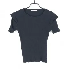 ZARA ザラ レディース 春 夏 フリル ゴージ スリムフィット ショート ニットトップス ブラックS (HU39776)