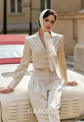 GRACE U(グレースユー) ヒスイ サテン ジャケット ブラウス ワイド スラックス セットアップ ベージュ M ＋ S