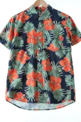 （ L ） WHO.A.U 半袖シャツ シャツ ネイビー ハワイアン- 13EA7