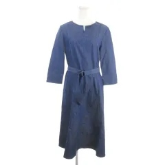 ハナエモリ HANAE MORI アルマアンローズ ALMA EN ROSE ワンピース 38 青 ブルー 無地 ラウンドネック 七分袖 ベルト付き /MN24 ■ECC001