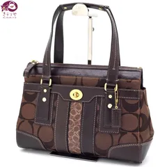 COACH コーチ 11071 ハンプトンズ シグネチャー ストライプ ミディアム キャリーオール ハンドバッグ キャンバス レザー ブラウン系カラー 保存袋