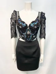 2486 ROBE de  FLEURS Glossy ローブドフルール　グロッシー キャバクラ　ドレス　セットアップ　シースルー　レース　ビジュー　ストーン　キラキラ　タイト　ミニ　キャバドレス　M