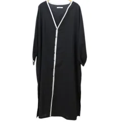 ゼヴォン Thevon 長袖  ガウン ワンピース ロング丈 F 黒系 ブラック 薄手 Vネック パイピング サイドスリット ボリュームスリーブ