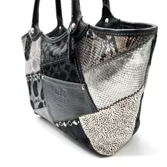 【希少品】coach y2k patchwork handbag silver studs leather×canvas×python unisex コーチ パッチワーク ハンドバッグ
