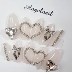 ネイルチップ　ワンホン　キラキラ　スナ系　韓国ネイル　ガーリー　リボン　ハート　綺麗系