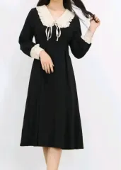 L32フリルカラー リーリボン ブラック ロング ONE PIECE