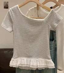 ストライプ 片方オフショルダー レース 半袖 Tシャツ