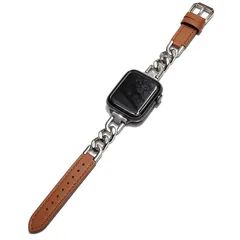 【新品】 Royce&Roland Apple watch チェーン & レザー ベルト おしゃれ アップルウォッチ 時計 バンド (ステンレス/シルバー 本革) レディース ギフト プレゼント (40mm 41mm 42mm, シルバー/ブラウン) 1