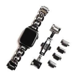 【新品】 [Royce&Roland] AppleWatch用 チャンキー チェーンベルト (シルバー/ステンレス) 工具不要 バタフライバックル (40mm 41mm 42mm, ブラック) 1