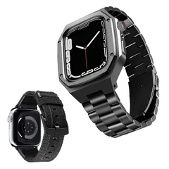 【新品】 コンパチブル Apple Watch バンド 44mm 45mm 2本セット 頑丈な金属製の保護ケース付きメタル時計ベルトと交換用帆布ストラップセット コンパチブル iWatchバンド Series 9/8/7/SE2/SE/6/5/4に対応（黒 0